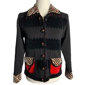 Vintage Jack B Quick Cardigan Sweater S Black Beaded Flowers Buttons Chenille